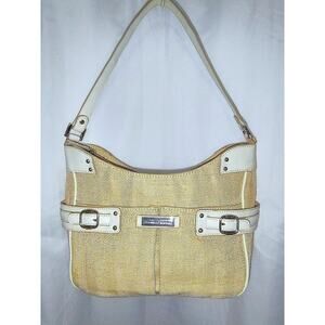 Vintage Etienne Aigner - Cream Woven Linen & White Faux Leather Trim Purse